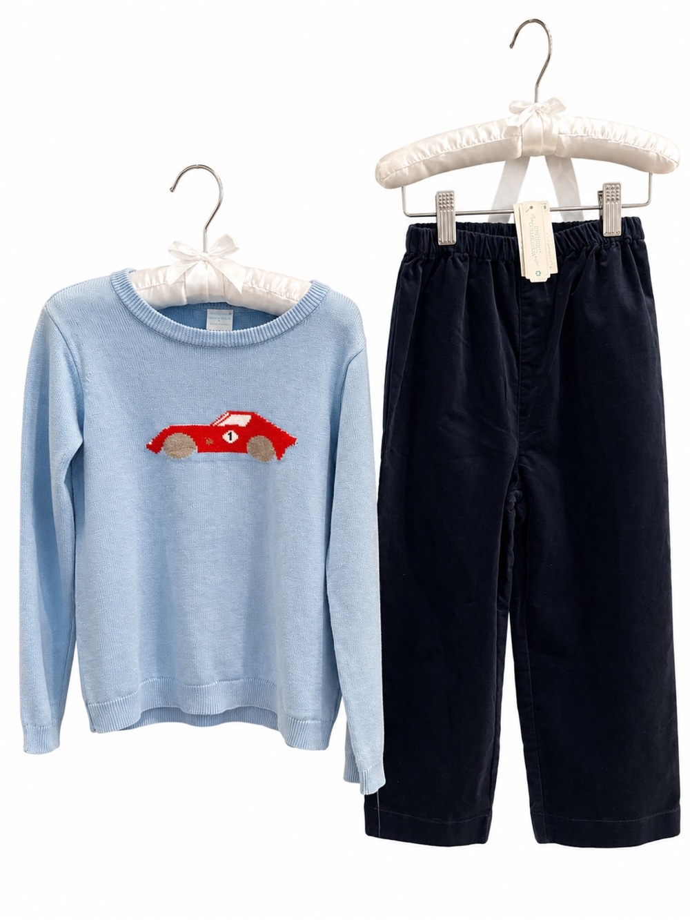 Light Blue Sweater with Red Car Motif + Navy Pants Set